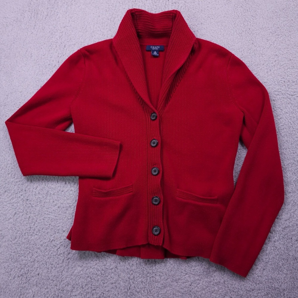 Chaps Sweater Womens Medium Red Shawl‎ Collar Cardigan Pleated Peplum Hem Preppy